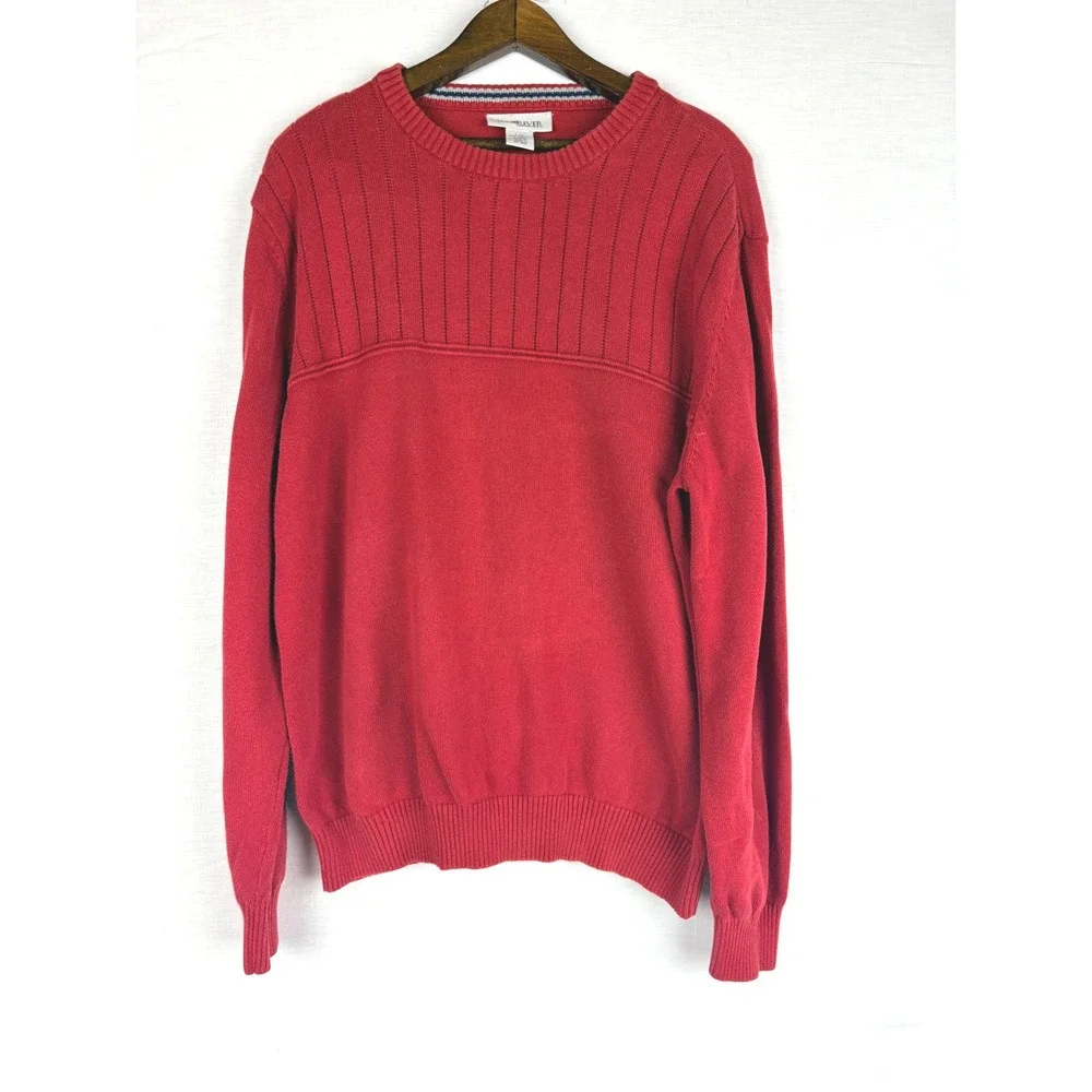Vintage Sun River Clothing Co Mens Red Cotton Ribbed Knit Crewneck Sweater Large